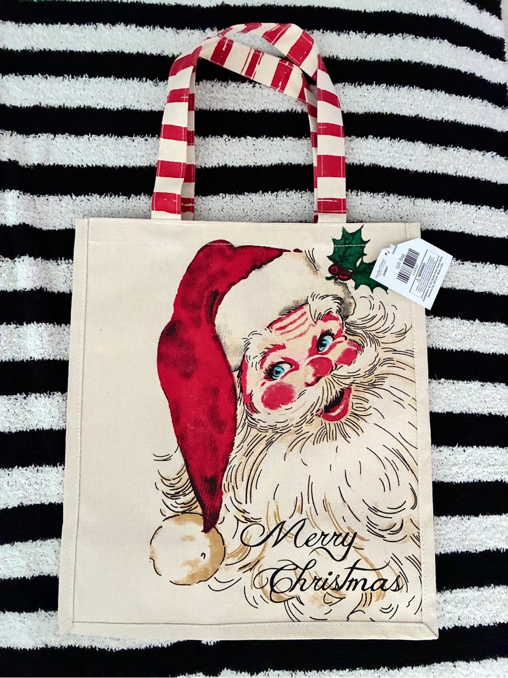 Vintage Print Santa Christmas Canvas Tote Bag, Candy Cane Handles, Large,  NWT